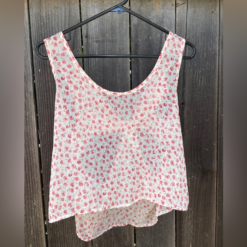 Forever 21 White and Pink Sheer Floral Cut Out Tank Top